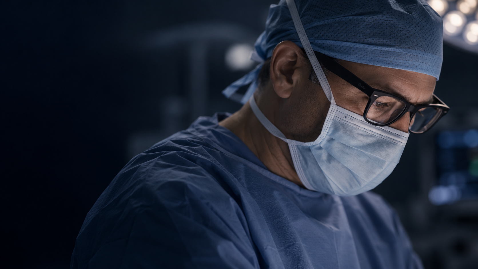A surgeon wearing camera glasses with clear lenses